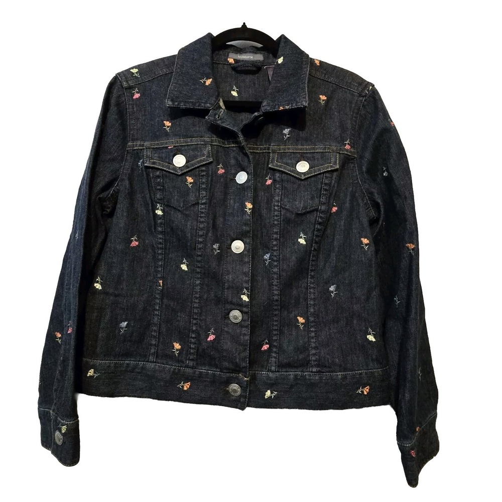 Liz Claiborne Denim Jacket Womens LG Petite Floral Embroidered Dark Blue Cottage